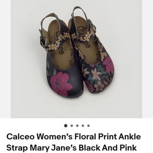 Calceo Women's Black Floral Ankle-Strap Mary Jane Flats